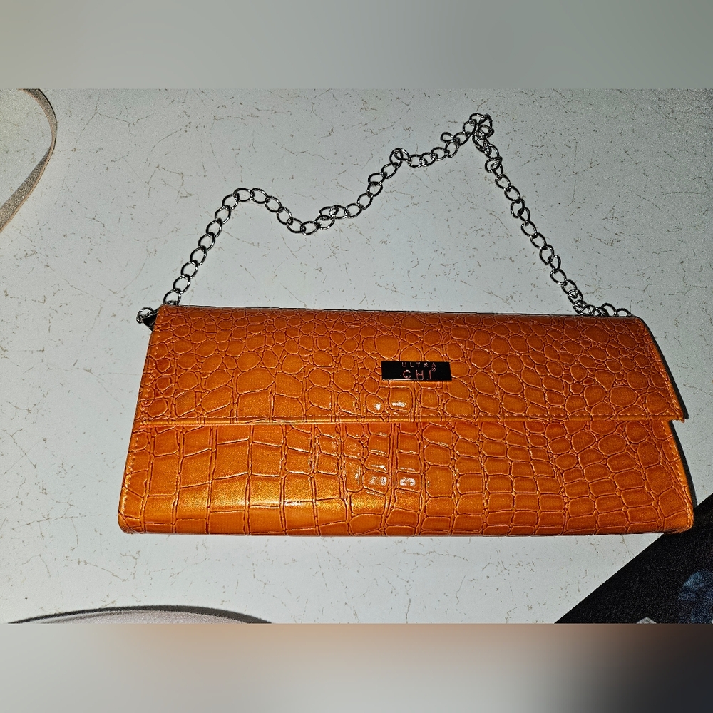 Ultra Chi Orange Croc-Embossed Clutch with Chain Strap